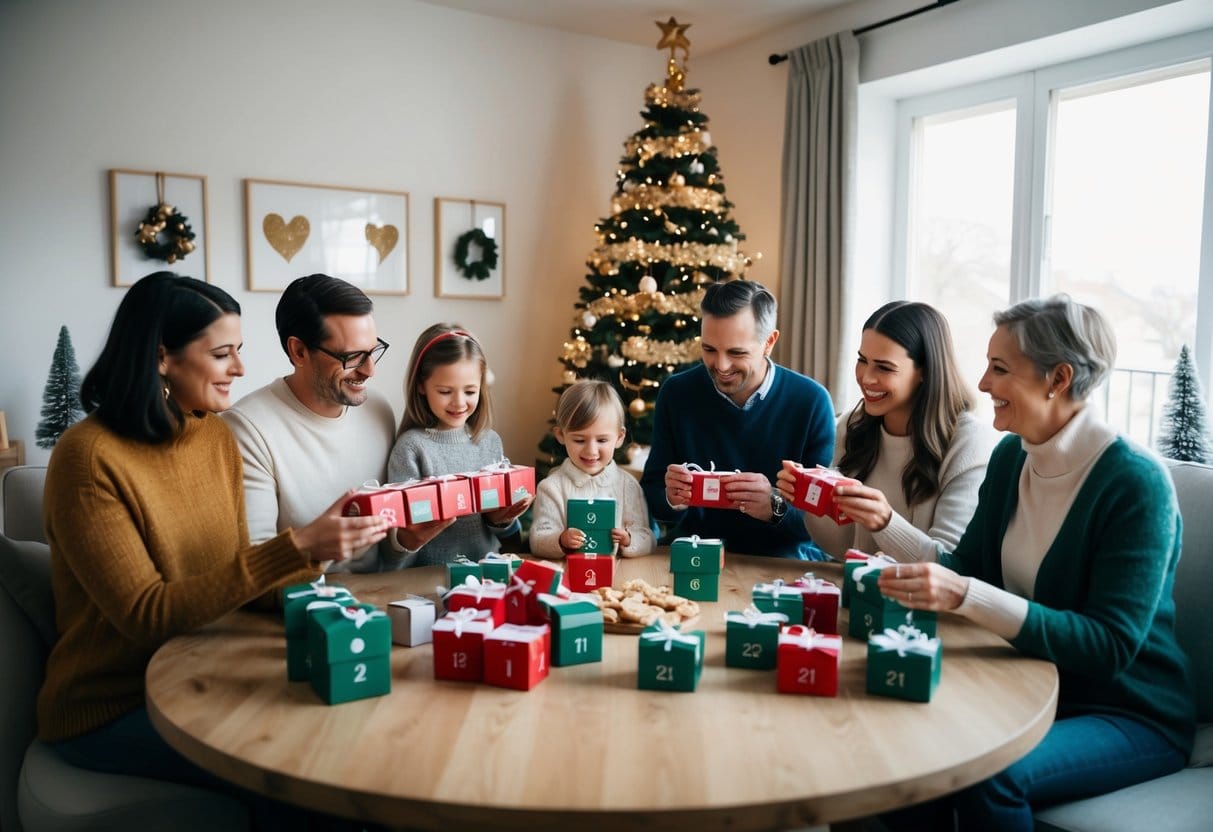 En hyggelig stue med en familie samlet omkring et bord som åbner glutenfri julekalendere og nyder den festlige atmosfære